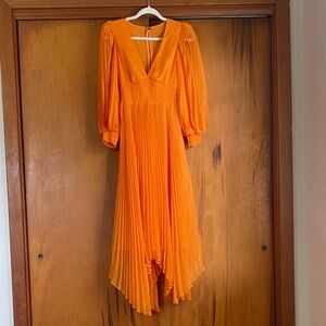 Alice + Olivia Orange Sheer Overlay High-Low Dress Asymmetrical Smocked Pleated